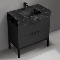 Modern Black Bathroom Vanity, 32 inch, Black Marble Style Sink, Free Standing